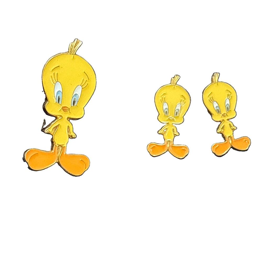 Tweety Bird enamel Pin & Stud Earrings Set Looney Tunes 1990 WB Cartoon